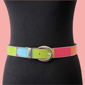 EliteStyle Multicolor Leather Patchwork Belt - Lime Green, Aqua, Pink, Orange